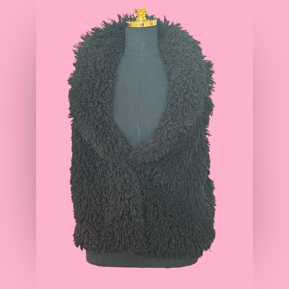 Betsey Johnson Black Faux Fur Vest with Pink Label